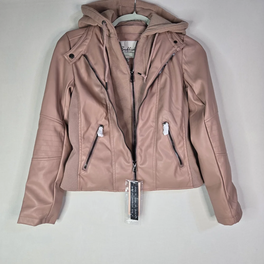 Snobbish Junior Size M Faux Leather Pink Hooded Zip Up Jacket NWT - Picture 2 of 12